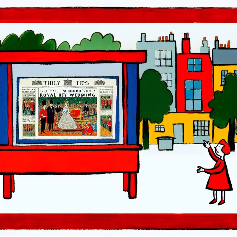 Een kind dat enthousiast wijst naar een speciale editie van een krant met een koninklijke bruiloft op de voorpagina, omgeven door een kleurrijke tijdschriftenkiosk in de stijl van Dick Bruna.